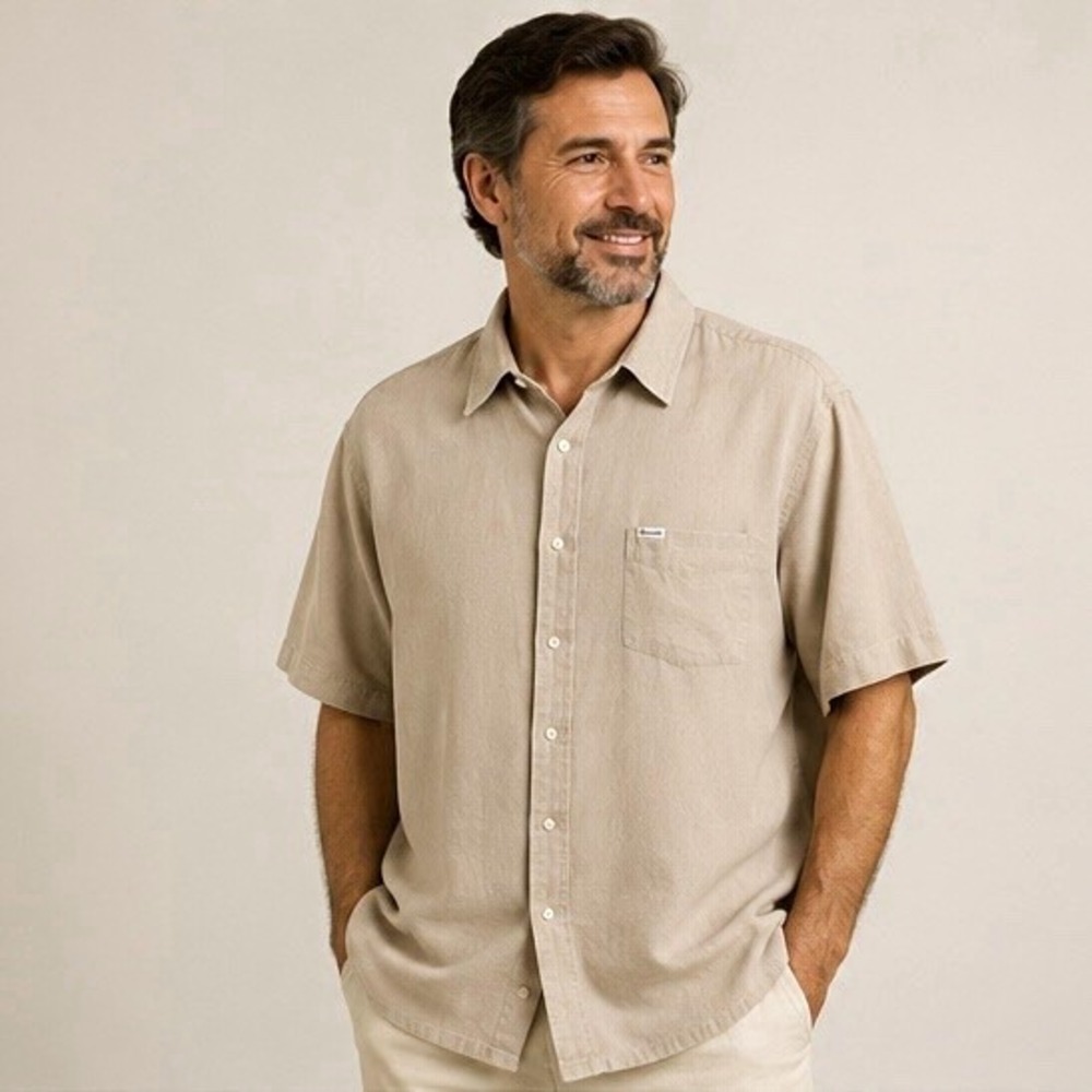 Façonnable Classique Men's XXL Beige Solid Linen Short Sleeve Button-Up Shirt